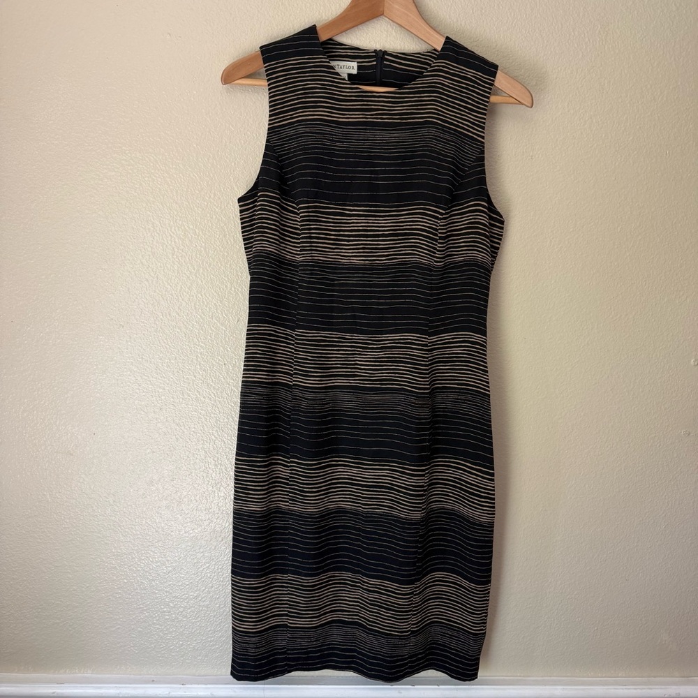 Ann Taylor VTG Black and Tan Striped Midi Sheath Dress